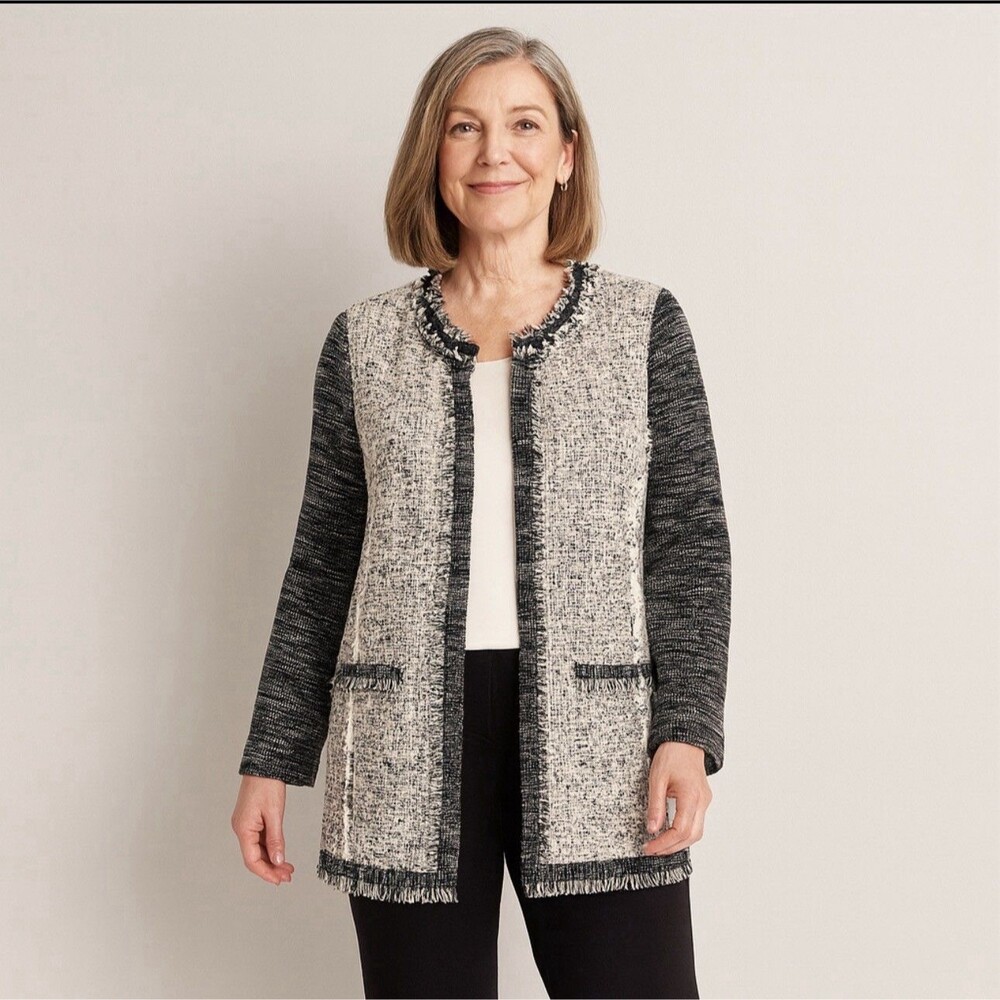 Chicos Tweed Cardigan Sweater Sz 1 M Jacket Studded Fringe Textured Open‎ Office